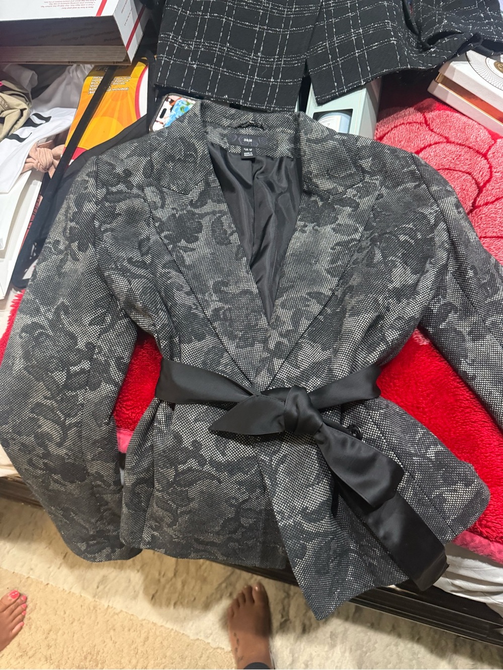 Source Unknown Black Floral Jacquard Tie-Waist Blazer